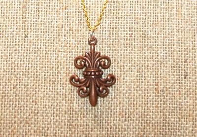 Brown "Fleur-de-Lis" Style PENDANT (1¼" x 1") on a Gold Tone Necklace Chain 18" L