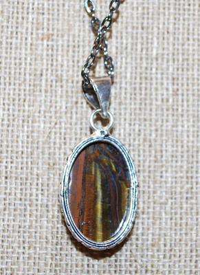 Oblong Tiger Eye PENDANT (1½" x ¾") on a Dark Necklace Chain 18" L