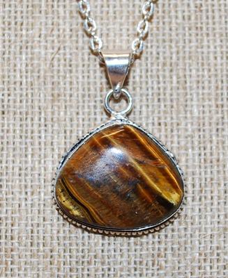 Rounded Triangle Shaped Tiger Eye PENDANT (1¼" x 1¼") on a Silver Tone Necklace Chain 20" L
