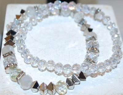 2 Piece Expandable Bracelet Set with Clear & Silver Colored Rhombus Beads 3 " Diameter