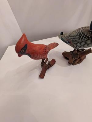 Vintage Wooden Carved Mallard Duck & Cardinal