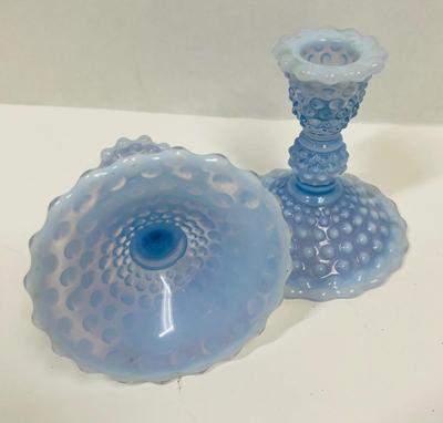 Duncan Miller Ice Blue Hobnail Opalescent Candle Holders