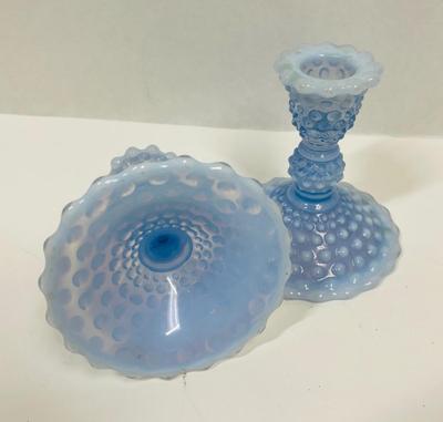 Duncan Miller Ice Blue Hobnail Opalescent Candle Holders