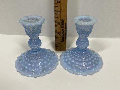 Duncan Miller Ice Blue Hobnail Opalescent Candle Holders