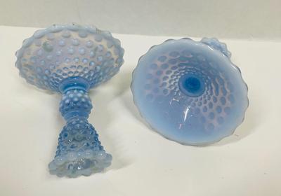 Duncan Miller Ice Blue Hobnail Opalescent Candle Holders