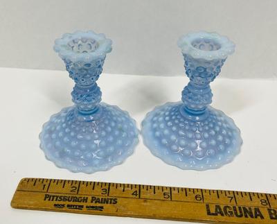 Duncan Miller Ice Blue Hobnail Opalescent Candle Holders