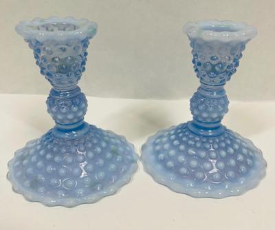 Duncan Miller Ice Blue Hobnail Opalescent Candle Holders
