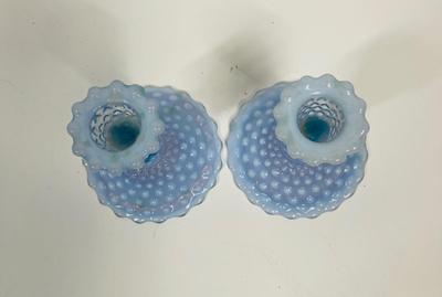 Duncan Miller Ice Blue Hobnail Opalescent Candle Holders