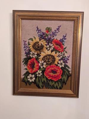Approx 15 3/4" x 19" Vintage Floral Embroidery Framed Cross Stitch Still Life