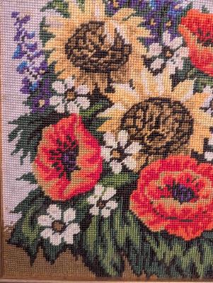 Approx 15 3/4" x 19" Vintage Floral Embroidery Framed Cross Stitch Still Life