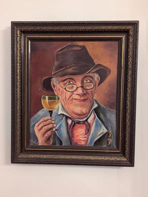 Approx 15 1/2" x 17 1/2" "Die Weinprobe" Signed Painting
