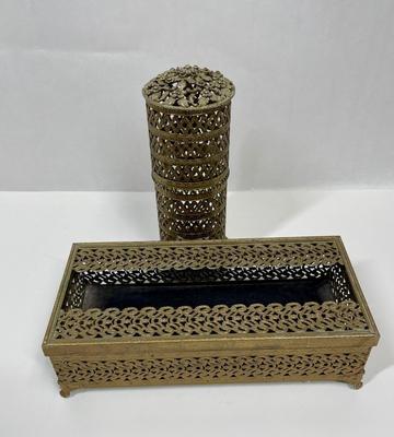 Vintage Ornate Filigree Hollywood Regency tissue Box Cover and Toothbrush Holder