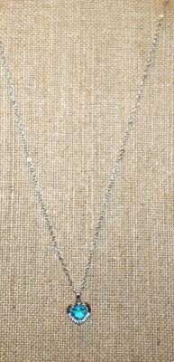Heart Shaped Blue Stone PENDANT (¾" x ¾") in a Heart Full Surround Setting on a Silver Tone Necklace Chain 18" L