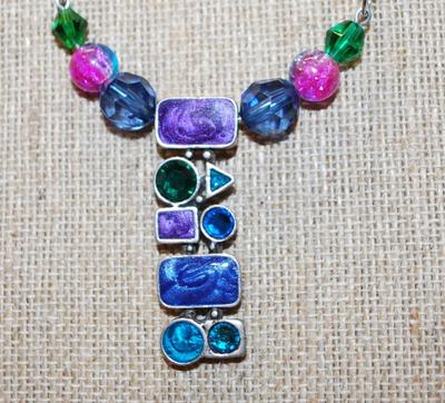 Colorful "Stained Glass" Styled Necklace (2½") on a Silver Tone Necklace Chain 15" L