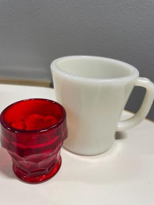 Small rod runner pitcher, Fire King mug and small red glass