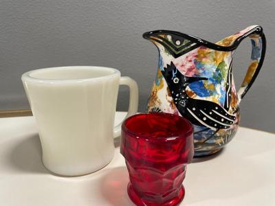 Small rod runner pitcher, Fire King mug and small red glass