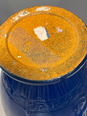 Tall blue pottery vase and cobalt blue glass