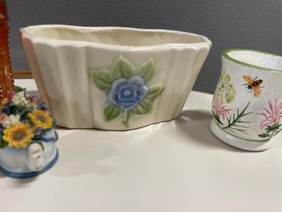Marigold carnival glass cup and flower decor