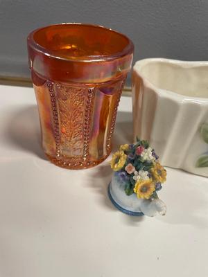 Marigold carnival glass cup and flower decor