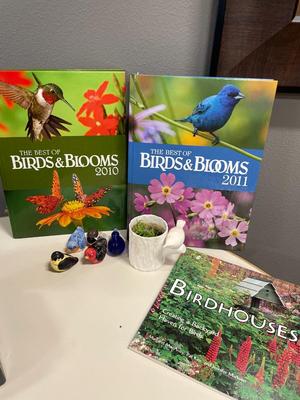 Birds and blooms books and small bird pepper shakers with cobalt bluebird