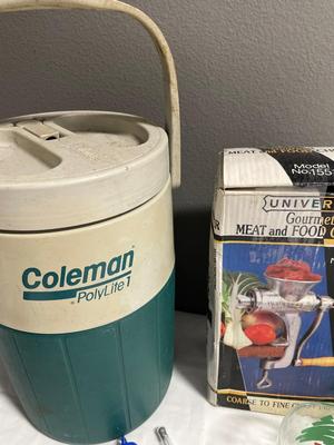 Coleman canteen, meat, chopper, candy, thermometers, and Christmas mugs