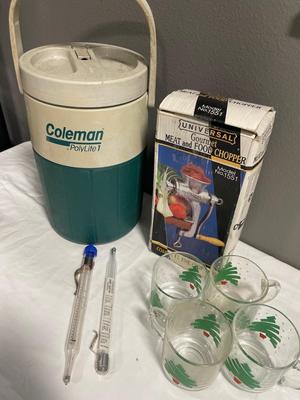 Coleman canteen, meat, chopper, candy, thermometers, and Christmas mugs