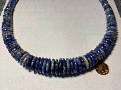FAS Designer Huge Lapis Lazuli Graduated Disc Beaded Necklace 24-26" Adjustable Fashion Necklace w/Sterling Chain & Clasp.