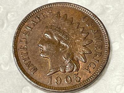 1905 AU58+ CONDITION INDIAN HEAD CENT FROM AN OLDTIME ESTATE. FREE DOMESTIC SHIPPING.