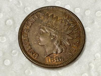 1880 AU58+ CONDITION INDIAN HEAD CENT FROM AN OLDTIME ESTATE. FREE DOMESTIC SHIPPING.