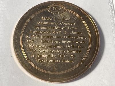 1845 TEXAS ANNEXED AS A STATE FRANKLIN MINT PROOF BRONZE MEDAL (MEDAL #23). FREE DOMESTIC SHIPPING.