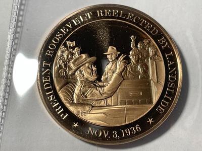 1936 PRESIDENT ROOSEVELT RE-ELECTED BY LANDSLIDE FRANKLIN MINT PROOF BRONZE MEDAL (MEDAL #13). FREE DOMESTIC SHIPPING.