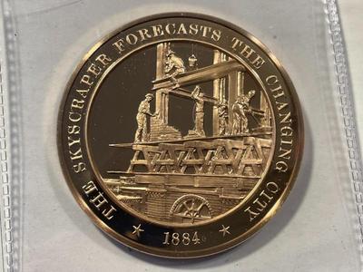 1884 THE SKYSCRAPER FORECASTS THE CHANGING CITY FRANKLIN MINT PROOF BRONZE MEDAL (MEDAL #4) FREE DOMESTIC SHIPPING.
