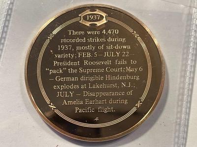 1937 THE YEAR OF THE SIT-DOWN STRIKERS FRANKLIN MINT PROOF BRONZE MEDAL (MEDAL #3) FREE DOMESTIC SHIPPING.
