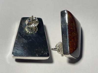 New Never Worn Sterling Silver Brownish Color Encased Onyx Stone Earrings as Pictured. FREE DOMESTIC SHIPPING.