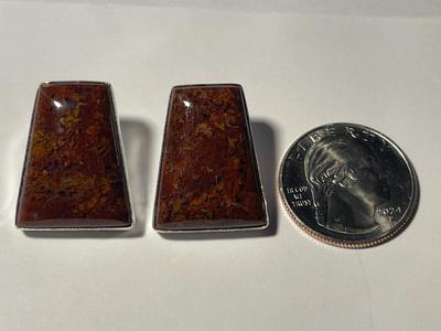 New Never Worn Sterling Silver Brownish Color Encased Onyx Stone Earrings as Pictured. FREE DOMESTIC SHIPPING.