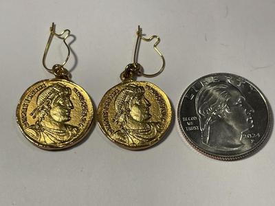 Vintage Preowned Pair of Copy Gold-toned Ancient Roman Coins Earrings as Pictured. FREE DOMESTIC SHIPPING.