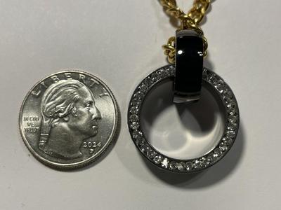 Vintage Preowned Fashion Gold-tone Link Necklace w/CZ Ring Pendant Adjustable 16-17.5" in Good Condition as Pictured.