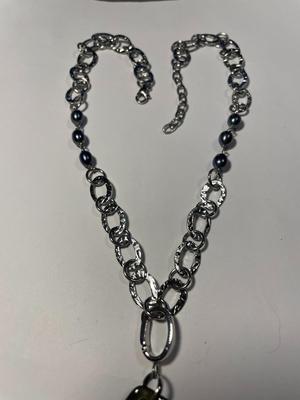 New Never Worn or Used "Milor" Stainless Steel Fashion Link Necklace 18-20" Adjustable w/Carved Flower Pendant as Pictured.