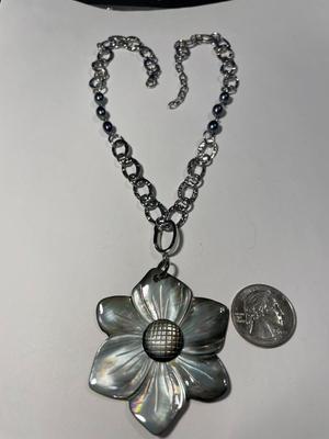 New Never Worn or Used "Milor" Stainless Steel Fashion Link Necklace 18-20" Adjustable w/Carved Flower Pendant as Pictured.