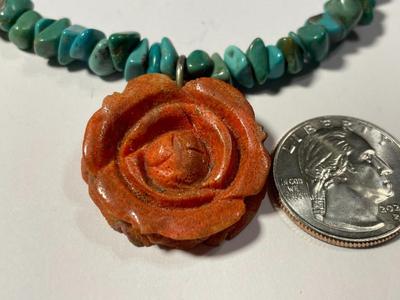 Vintage Preowned Carolyn Pollack Adjustable 16-20" Turquoise Chip Bead Necklace w/Carved Coral Rose Pendant Sterling Silver Catches...