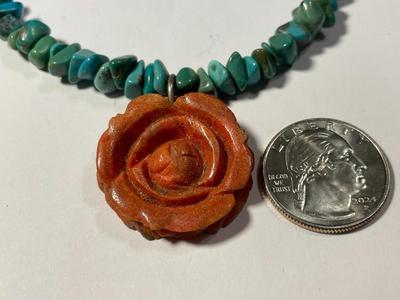 Vintage Preowned Carolyn Pollack Adjustable 16-20" Turquoise Chip Bead Necklace w/Carved Coral Rose Pendant Sterling Silver Catches...