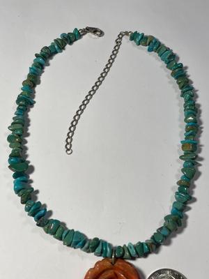 Vintage Preowned Carolyn Pollack Adjustable 16-20" Turquoise Chip Bead Necklace w/Carved Coral Rose Pendant Sterling Silver Catches...