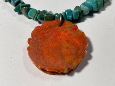 Vintage Preowned Carolyn Pollack Adjustable 16-20" Turquoise Chip Bead Necklace w/Carved Coral Rose Pendant Sterling Silver Catches...