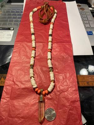 Vintage Old Preowned Puka Shell Necklace w/Dangling Quartz Pendant Preowned from an Estate Cleanout Necklace 30"-38"+ with...
