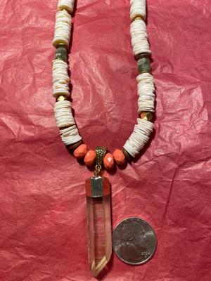 Vintage Old Preowned Puka Shell Necklace w/Dangling Quartz Pendant Preowned from an Estate Cleanout Necklace 30"-38"+ with...