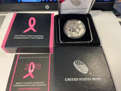 2018 P Breast Cancer Awareness $1 Commemorative Proof Silver Dollar w/Box & COA as Pictured. FREE DOMESTIC SHIPPING.