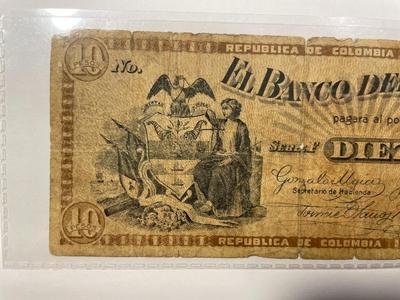 SCARCE COLOMBIA BANCO DEL ESTADO 10 PESOS c1900 BANKNOTE/CURRENCY IN HEAVY CIRCULATED CONDITION AS PIC'D.