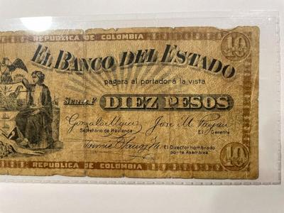 SCARCE COLOMBIA BANCO DEL ESTADO 10 PESOS c1900 BANKNOTE/CURRENCY IN HEAVY CIRCULATED CONDITION AS PIC'D.