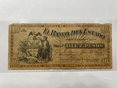 SCARCE COLOMBIA BANCO DEL ESTADO 10 PESOS c1900 BANKNOTE/CURRENCY IN HEAVY CIRCULATED CONDITION AS PIC'D.