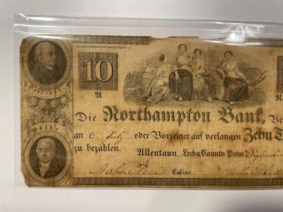 (German Text) $10 1839 Northampton Pennsylvania PA Obsolete Currency Bank Note Bill Scarce Issue in Circulated Condition. FREE DOMESTIC...